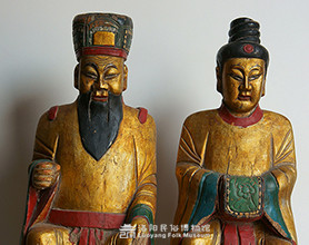 彩绘描金木雕灶王爷、灶王奶奶像