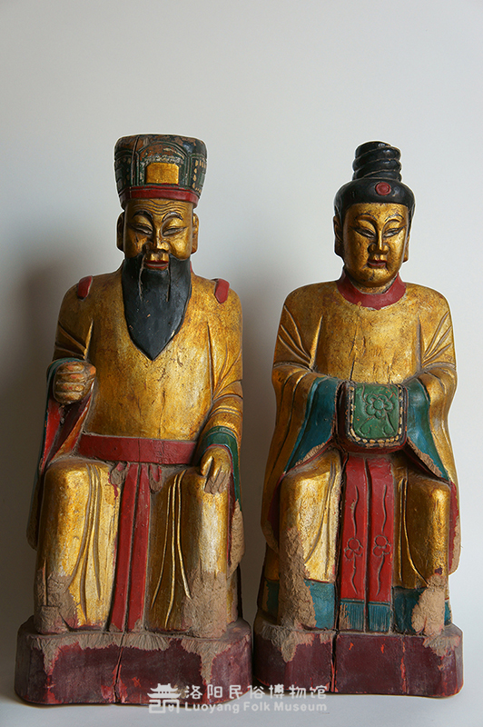 彩绘描金木雕灶王爷、灶王奶奶像